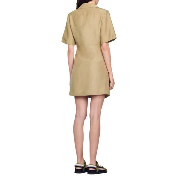 RTR Sandro SzEU 40 4 Green Linoa Linen Blend Lace Up Short Sleeve Shift Dress - Picture 2 of 7